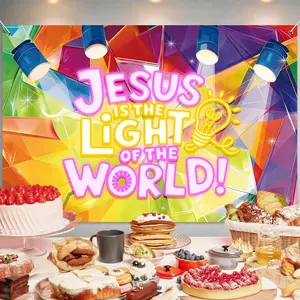 2D Flat Banner 1pc, Vbs 2026 Decorative Background, Jesus Is the Light Christian Religious Bible Verse Photo Church Sunday Party Baptism Decoration