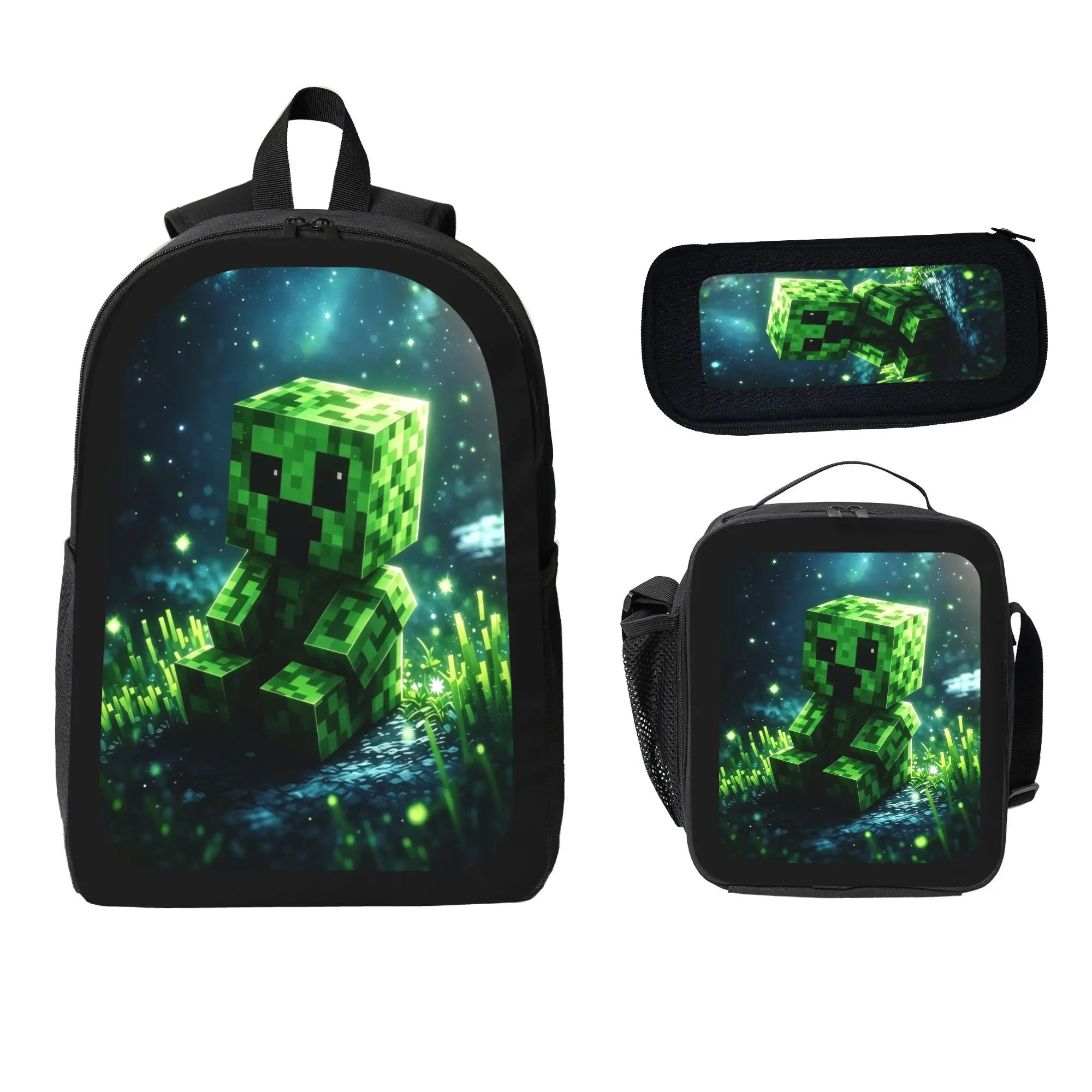 Backpack 3Pcs Set for Teens, Casual Geometric Pixel Monster Heat Transfer Print, All Seasons School Bag with Built-in Organizer, Graphic, Polyester, Preppy, Zip, Study, No Wheels, Young Adults, Character Decoration Backpacks