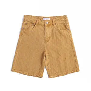 Ripped Wash Beige Jeans Shorts Men, Straight Leg Loosen Fit Knee Length Colored Trousers