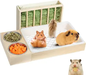 3 in 1  Hay Feeder with Litter Box,Wooden Hay Feeder with 2 Bowls & Litter Box for Guinea Pig Chinchilla Bunny Other Small ,Large Capacity & Preventing