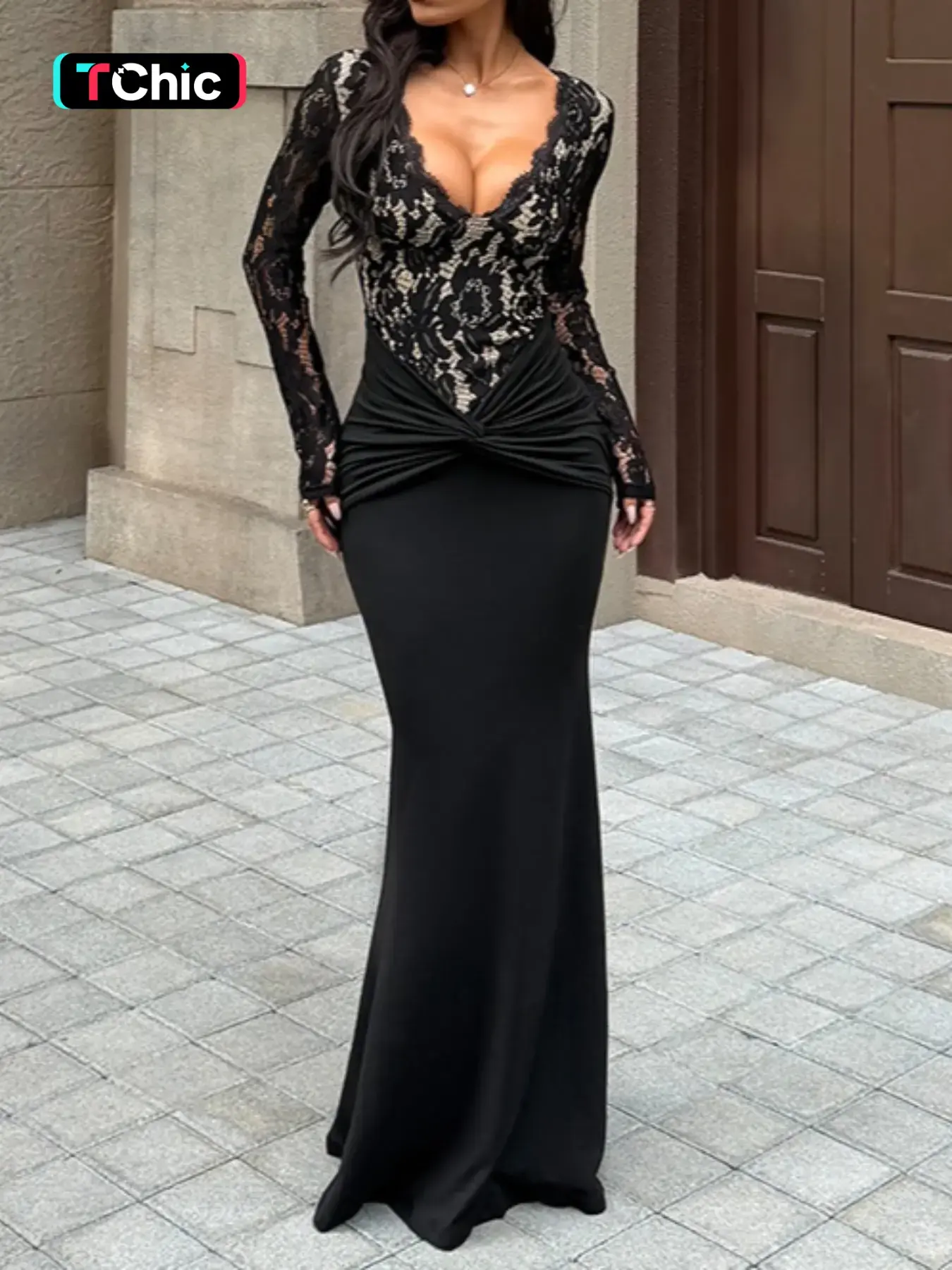 chinese dress ladies Women's Midi Dress in Black Velvet with Long Sleeves