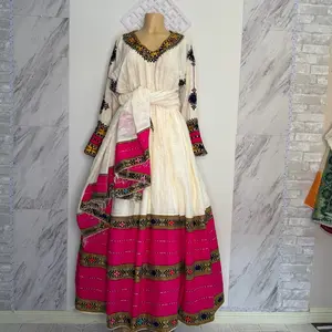 Ethiopia and Eritrean Traditional Dress Handmade with Vibrant Pink and Cream Colors እጅ ጥልፉ