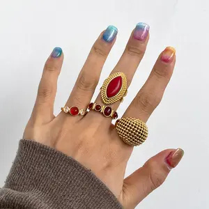 Female Chunky Gold Statement Ring Set, Adorned with Colorful Acrylic Stones