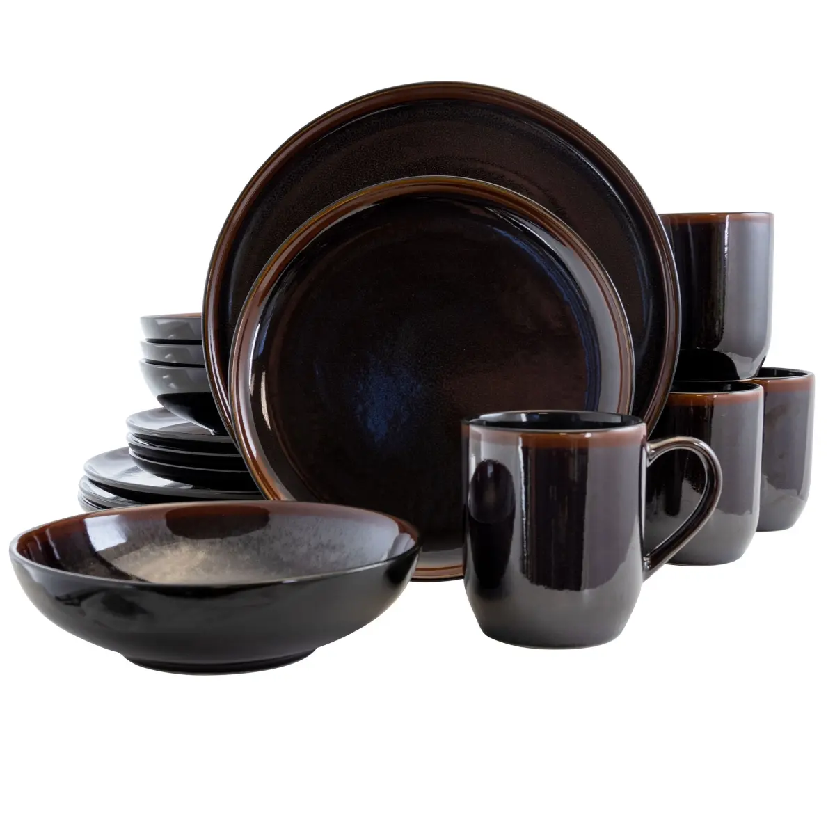 212 MAIN 16-Piece Modern Tableware Set - Stoneware Round Plates, Metallic Black Cutlery, Microwave-Safe Kitchen Tableware, Modern Tableware Sets