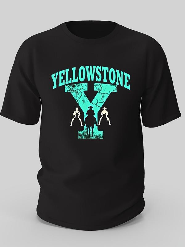 Men’s Black Western Yellowstone Graphic T-Shirt – Turquoise “Y” Logo & Ranch Scene 100% Heavy Cotton Crew Neck Short Sleeve – Durable Soft Fit for Western Fans, Everyday Wear, Outdoor/Parties (All-Season)