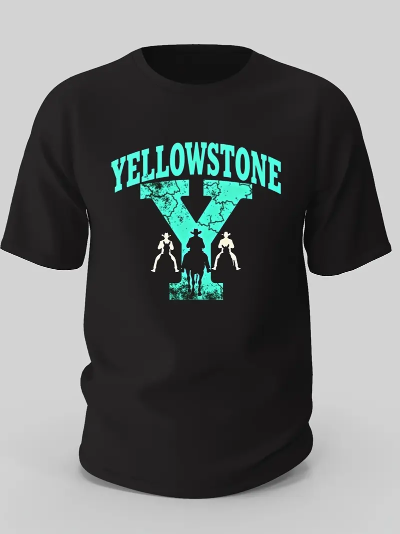 Men’s Black Western Yellowstone Graphic T-Shirt – Turquoise “Y” Logo & Ranch Scene 100% Heavy Cotton Crew Neck Short Sleeve – Durable Soft Fit for Western Fans, Everyday Wear, Outdoor/Parties (All-Season)