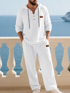 Men's Autumn Linen Casual Set, Loose Hooded Henry Shirt Long Sleeve Pants Suit, Fitted Style, All Seasons Wear, Plain Pattern