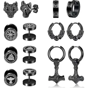 7Pairs Norse Viking Earrings for Men Stainless Steel Black Stud Earrings Fake Gauges Plug Vintage Huggie Mens Hoop Earrings Celtic Divination Thors Hammer Wolf Earrings