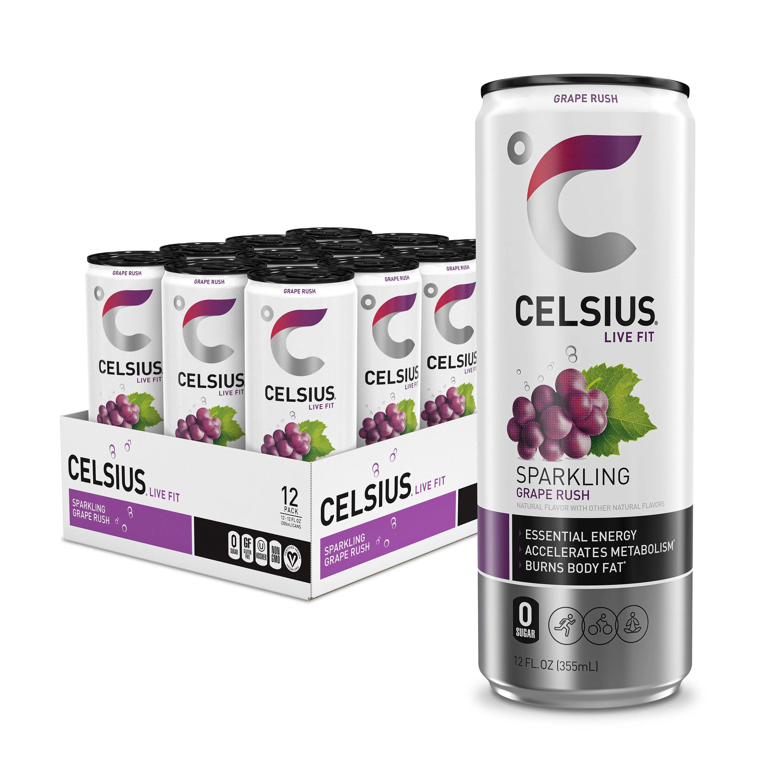 CELSIUS Sparkling Grape Rush, Functional Energy Drink 12 fl oz (Pack of 12)