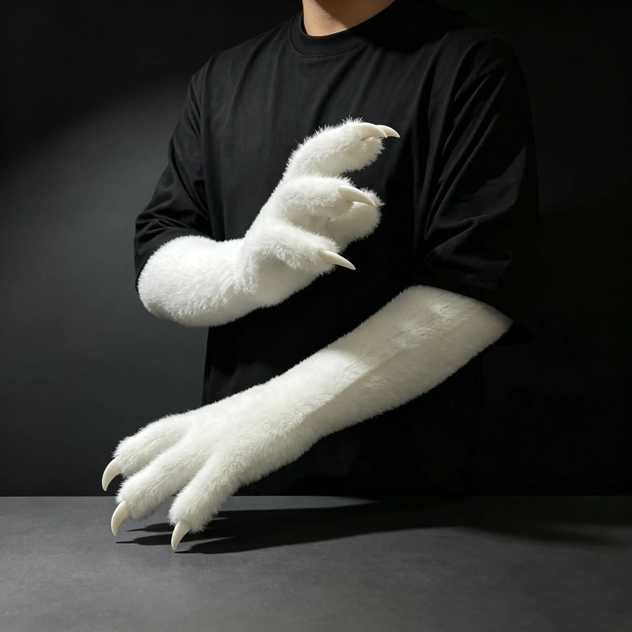Black Plush Cosplay Gloves Featuring Fixed White Claws, No Built-in Paw Pads, Wearable Accessories for Fursuit, Cosplay Shows, Theatrical Performances and Holiday Costume Parties