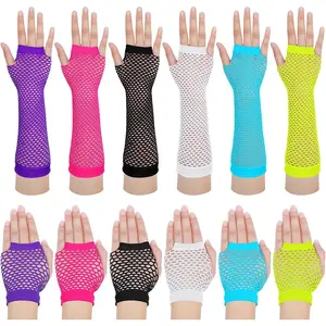 12 Pairs Short Fishing Net Gloves Fishnet Mesh Glove Neon Fingerless Long Short Gloves for Party Cosplay Costume Fashion Accessories