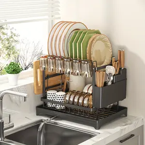 2-Tier Dish Drying Rack with Drainboard Set, Large Capacity Kitchen Counter Organizer with Utensil Holder and Cup Attachment, Rust-Resistant Carbon Steel Dish Rack for Bowls Plates Cups, Space-Saving Kitchen Storage Rack Drainer, Stable Construction