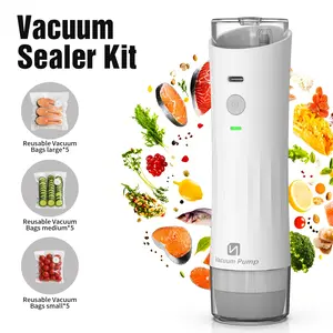 BRISSME 3-in-1 Portable Vacuum Sealer Kit, Strong Suction Water-Resistant Food Saver Machine with 15 Reusable Bags, 10 Mason Jar Lids, 2 Containers for Meal Prep, Sous Vide