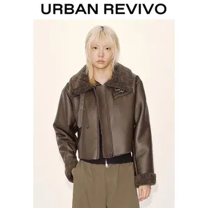 URBAN REVIVO Women's Long-Sleeve Faux Leather Funnel Neck Jacket - Normal-Fit Women's Outerwear, UYV150105