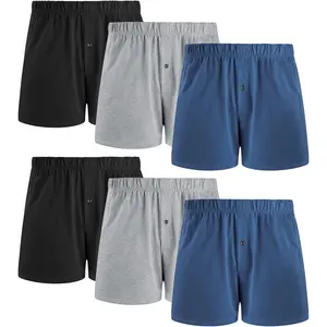 Men's Boxer Shorts 6 Pack, Soft Cotton Knit Loose Fit Underwear with Button Fly and Comfort Elastic Waistband