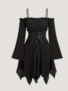Women's Gothic Asymmetrical Hem Dress, Costumes, Sweet Vintage Style, Tie Back Long Sleeve, Halter Neck, Perfect for Halloween & Easter
