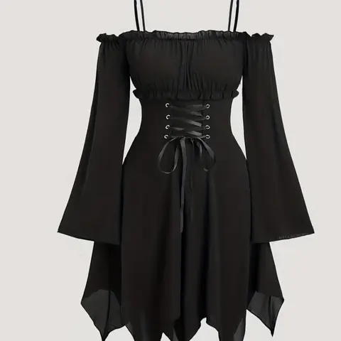 Women's Gothic Asymmetrical Hem Dress, Costumes, Sweet Vintage Style, Tie Back Long Sleeve, Halter Neck, Perfect for Halloween & Easter