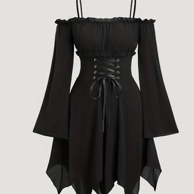 Women's Gothic Asymmetrical Hem Dress, Costumes, Sweet Vintage Style, Tie Back Long Sleeve, Halter Neck, Perfect for Halloween & Easter