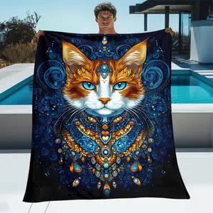 1pc Vibrant Cat Mandala HD Print Blanket - Lightweight Flannel Throw with Intricate Blue & Orange Design, Perfect for Camping, Picnicking, Travel, and Home Decor - Soft, Warm Fleece Material, Ideal Gift for All Seasons, Home Decor