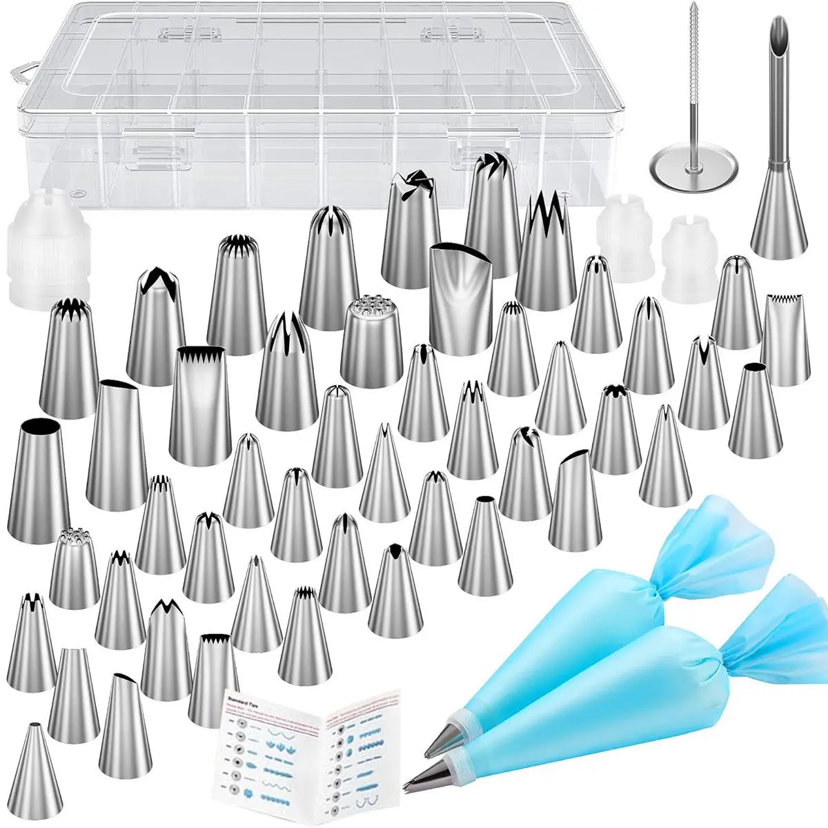 54 in 1 Piping Bags and Tips Set with 13 Large & 35 Standard Tips 2 Reusable Pastry Bags 12 Inch Cake Decorating Kit for Frosting Piping Cupcake Bakeware Holes Stainless Round Silicone Steel
