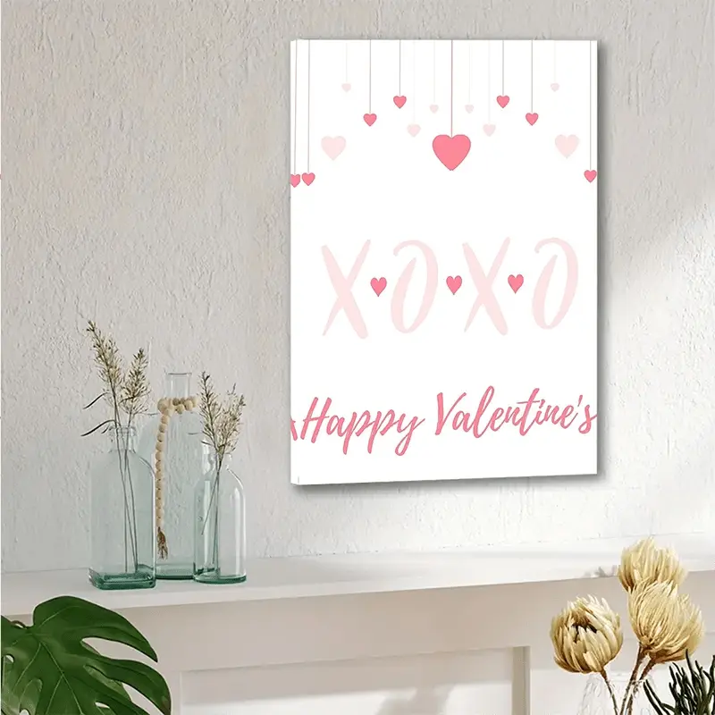 1 Piece Vintage Style 'XOXO Happy Valentine's Day' Framed Canvas Wall Art - Sweet Pink and Red Heart Design, Suitable for Hanging in Bedroom and Living Room Home Decoration, Perfect Romantic Gift