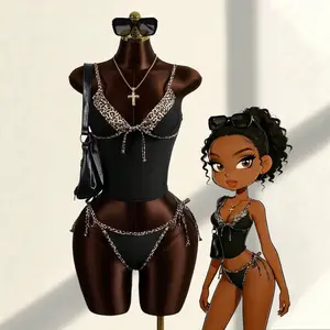 Women's Leopard Print Lace-Up Spaghetti Strap fashionable Tankini Swimwear Set