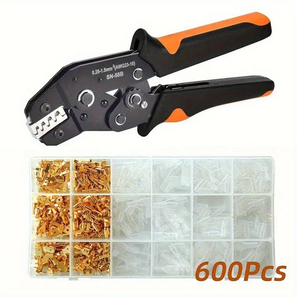 600-piece SN-58B Ratchet Crimping Pliers Set Hardware Hand Tools DIY Tools for Crimping AWG 23-16 Terminals, with A 2.8/4.8/6.3mm Male and Female Clamp Connector Combination Kit Wirecutters