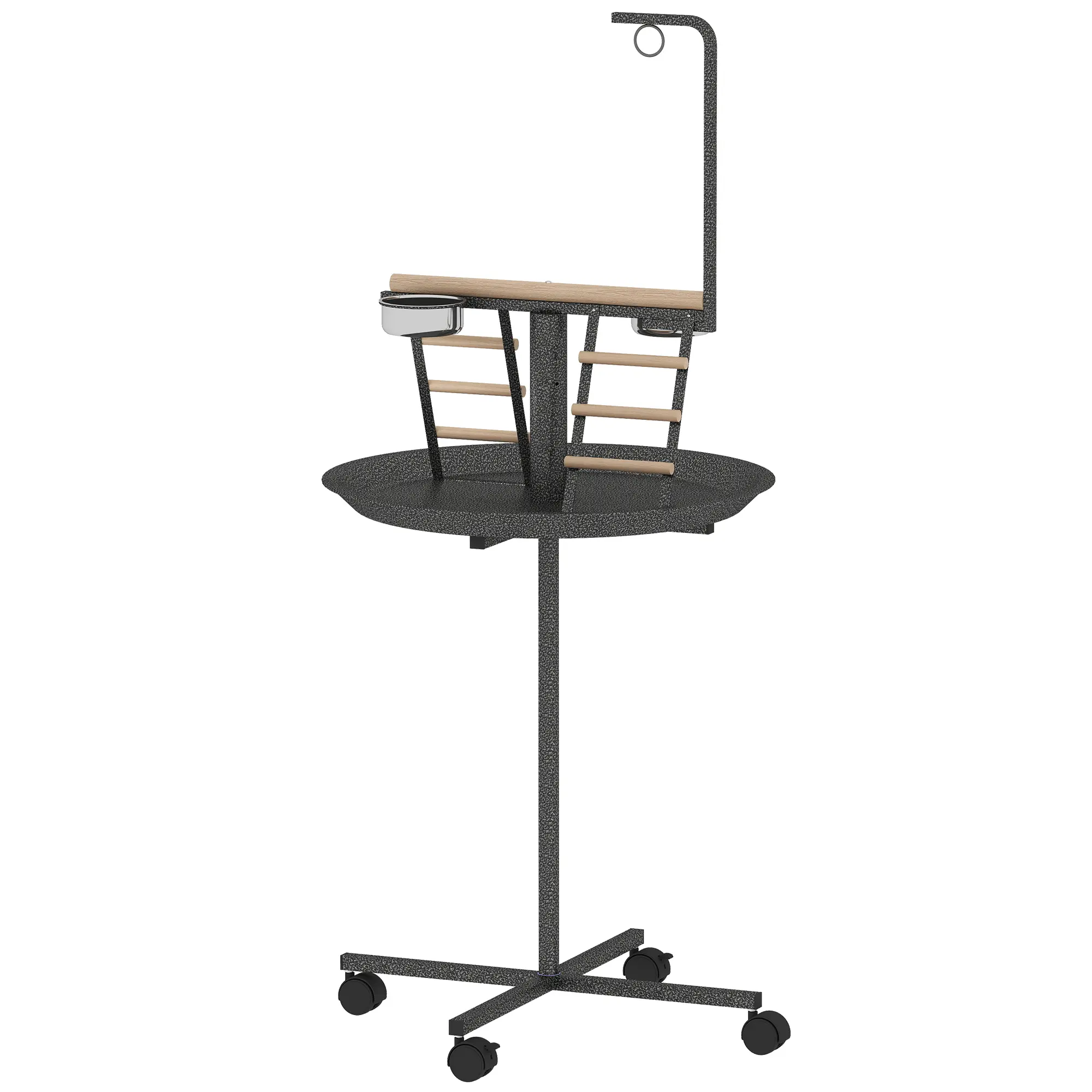 Dark Gray Bird Stand with Wheels, Parrot Play Stand with Round Tray & Stainless Steel Feed Bowls, Indoor-Outdoor Pet Bird Cage Accessory