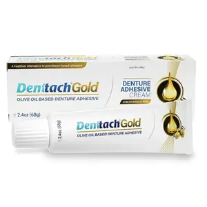 Denttach Gold – Extra Virgin Olive Oil - Extra Strength Denture Adhesive for Full & Partial Dentures – Zinc-Free, Long-Lasting Grip, 2.4oz Saliva Activated