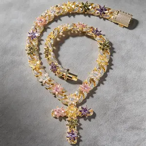 Moissanite Colorful Flower Cross Cuban Chain Necklace Copper Miami Italy Mexico Inspired Hip Hop Trendy Aesthetic Affordable Jewelry for Women Men Gift