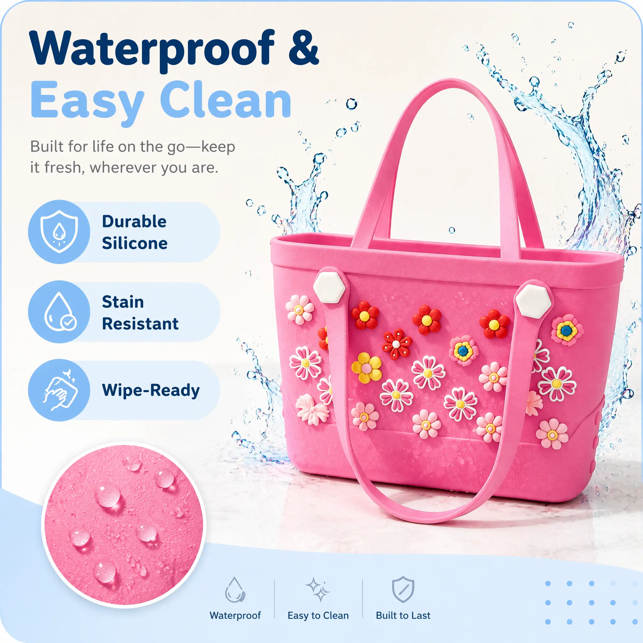 Women's Waterproof EVA Tote Bag with Flower Charms, 28 x 11 x 21 cm, Lightweight Christmas Gift for Shopping, Travel & Everyday Use