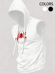 Men's Spider Print Design Hooded Neckline Sports Vest, Sleeveless T-Shirt with Spider Pattern, Regular Length, Fitness or Casual Wear