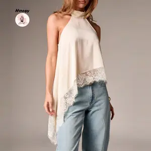 Women's Halter Neck Vest Summer Sleeveless Open Back Irregular Lace Hem Tank Tops