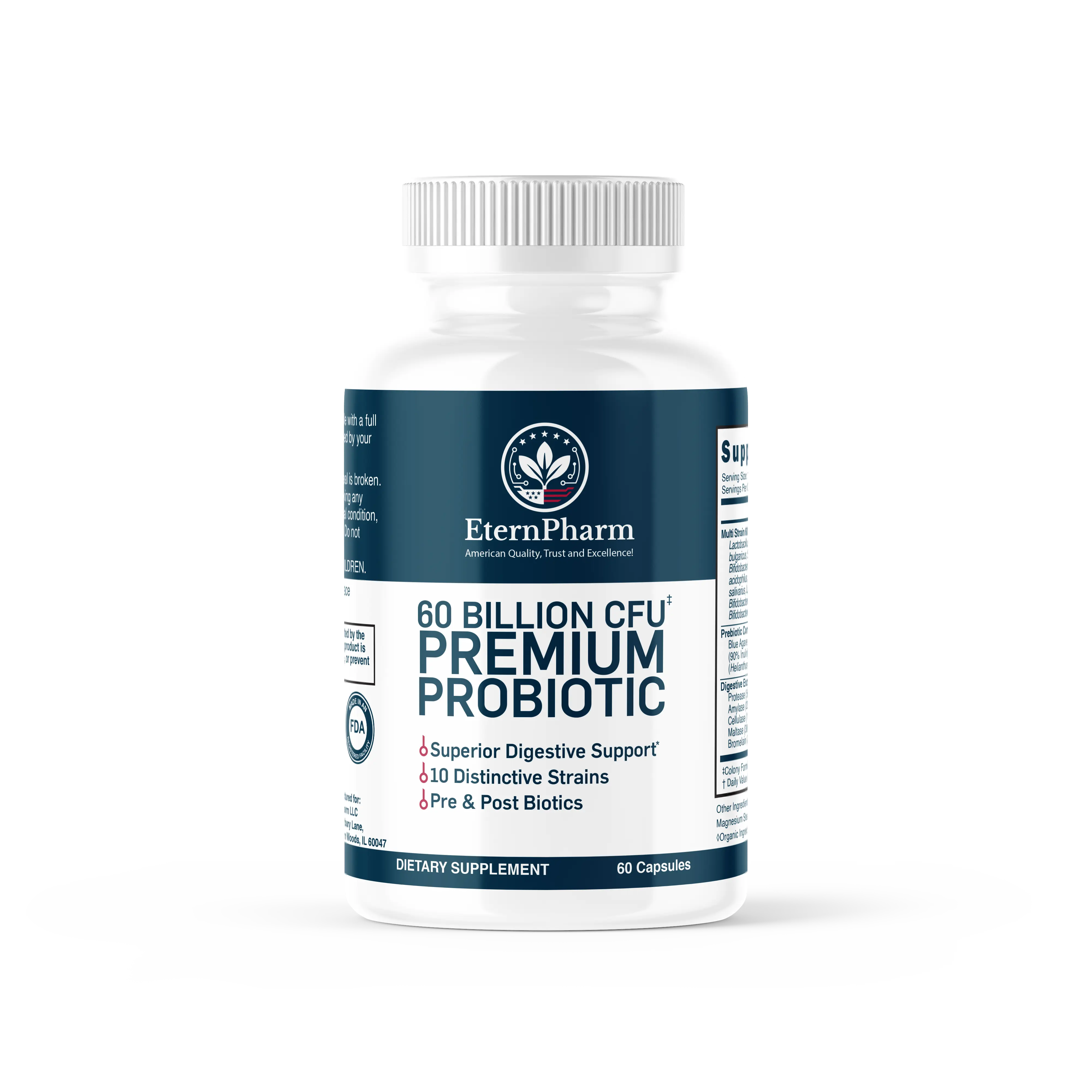 EternPharm ALL-in-1 Probiotics Healthcare Supplement - 60B CFU for Women & Men, 10 Strains with Organic Prebiotics & 9 Digestive Enzymes, Gut Health & Immune Support, 60 Delayed-Release Capsules, 2-Month Supply, Made in USA
