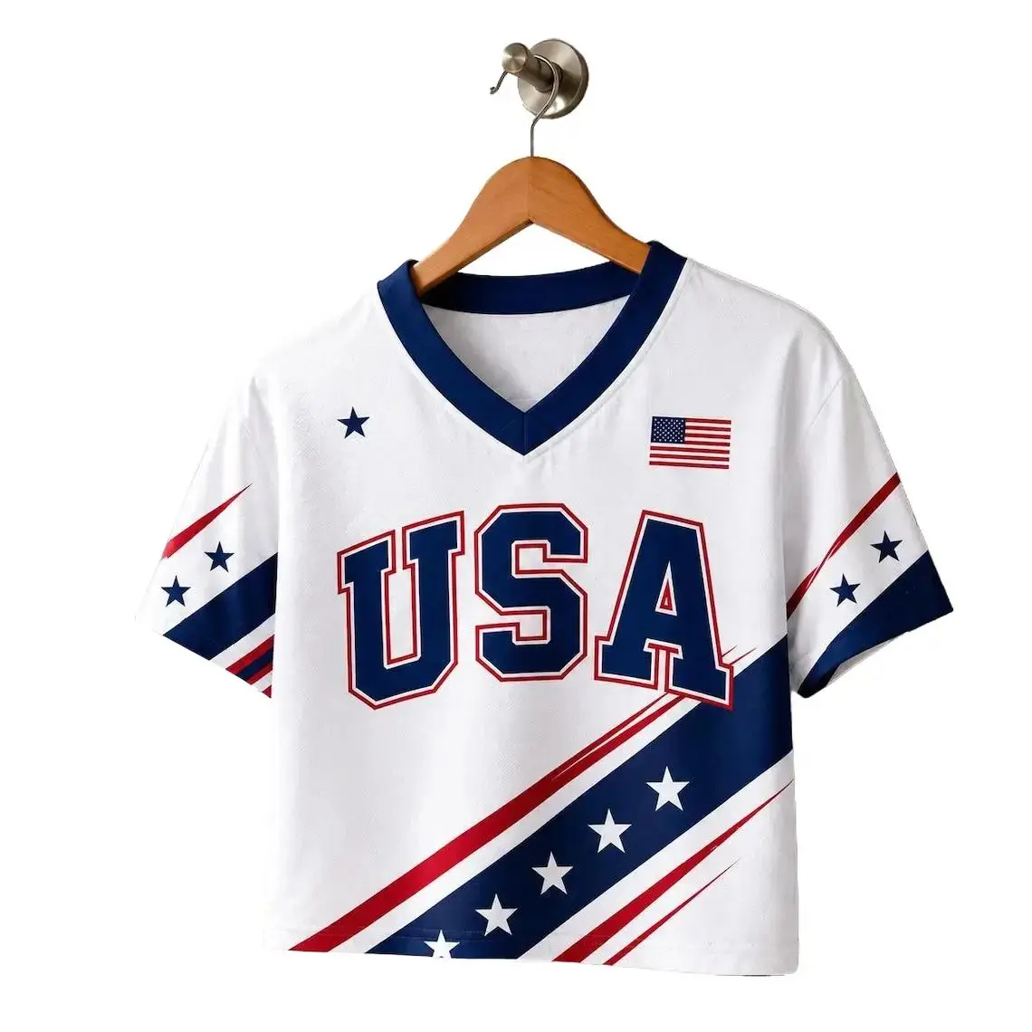 Women's Custom USA Sport Jersey - Short Sleeve Cropped V-Neck Lightweight Athletic Active Top, Breathable, Personalize the Back with Name and Number, Short Sleeve Jersey, Athletic Active Tops