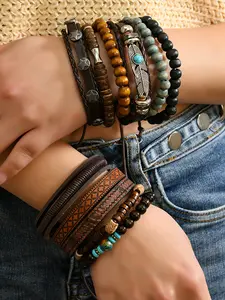 11-Piece Boho Turquoise Beaded Bracelet Set, Handmade Multi-Layer Ethnic Jewelry, Feather Pattern Design, Feather Accents, PU Leather, Elastic Rope, All Seasons