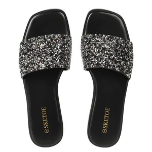Women's Sparkly Slippers Flat Black Sandals Rhinestone Sandals Square Open Toe and bling Sandals for Casual Wear Indoor Outdoor for the beach and vacation Summer Vibes