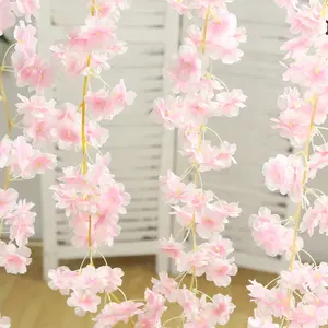 5 Pack Blush Artificial Cherry Blossom Flowers Garland, Silk Floral Hanging Vines - 6ft