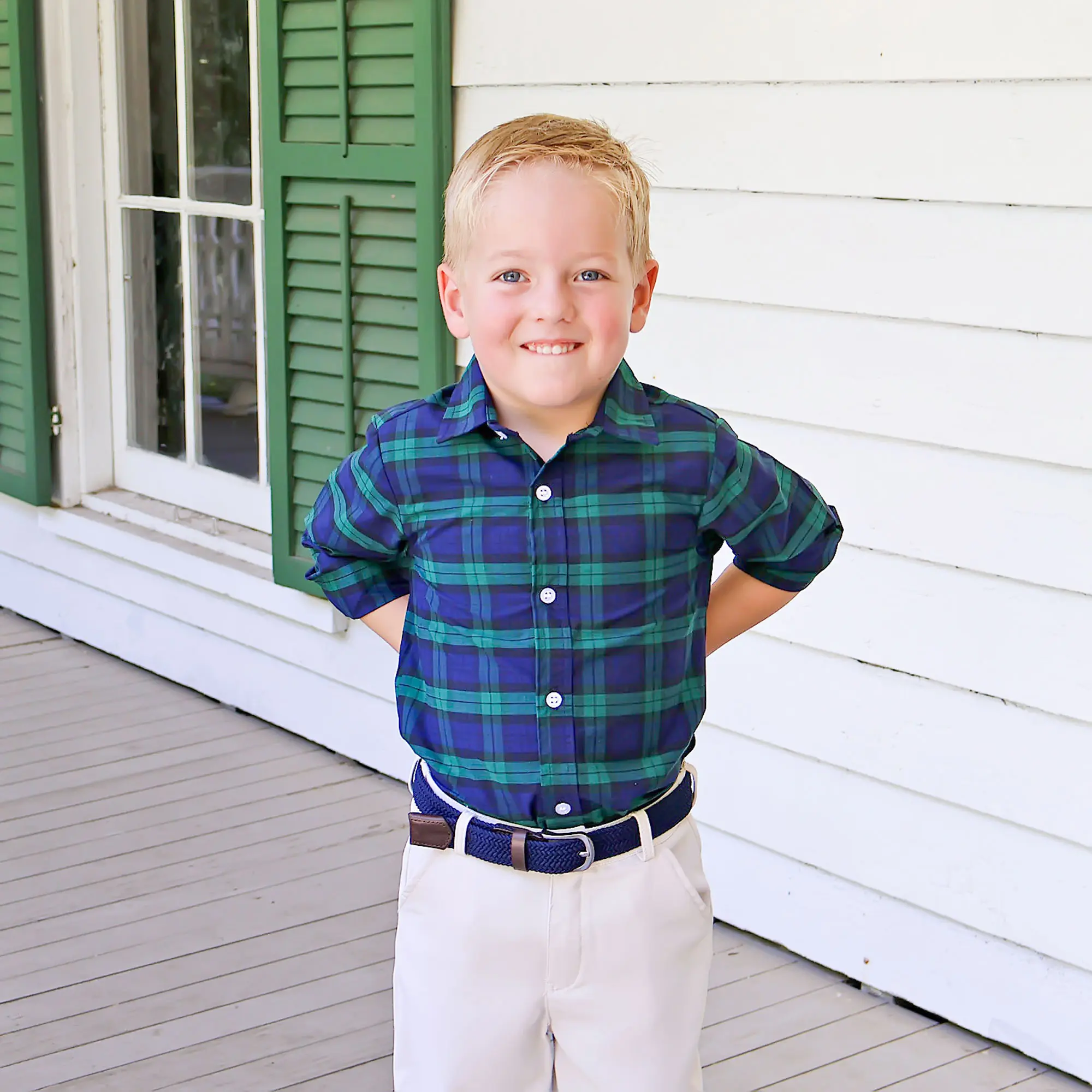 Hamilton Plaid Navy & Green Button Down Shirt for Boys