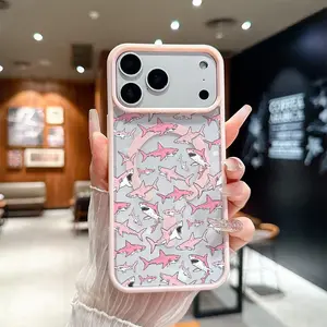 Pink Shark Party, anti fall and anti slip support MagSafe charging phone protective case, suitable for iPhone 17, 16, 15, 14, 13, 12, 11 XS X and other series models, can be given as a gift to friends or family