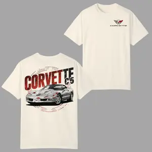 Corvette C5 Sports Car T-shirt, Retro Red Graphic with Classic C5 Front View and Bold Logo 2 Sides, Clean Front Corvette Emblem for Classic Car Fans and Track Day Style for Men & Women, Streetwear, Vacation Outfits, 4th July Outfit