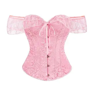 Womens Floral Lace Off Shoulder Corset Lingerie Bustier Fishboned Overbust Corset Tie Up Body Shaper Crop Corset Tops