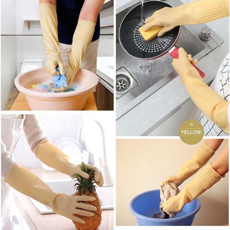 3 Pairs Long Cuff Rubber Cleaning Gloves Non Slip Kitchen Dishwashing Gloves XL Size Durable Reusable Household Waterproof Gloves for Cleaning Kitchen Bathroom Laundry Gardening Home Use Men Women