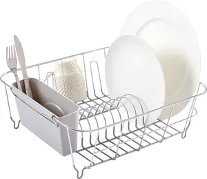 Dish Drying Rack & Cutlery Holder 2 Piece Set - Compact Sink-Fitting Dish Drainer with Rubberized Undercoating, Space-Saving Kitchen Organizer for Plates, Cups, Bowls & Utensils in Sink, Silver