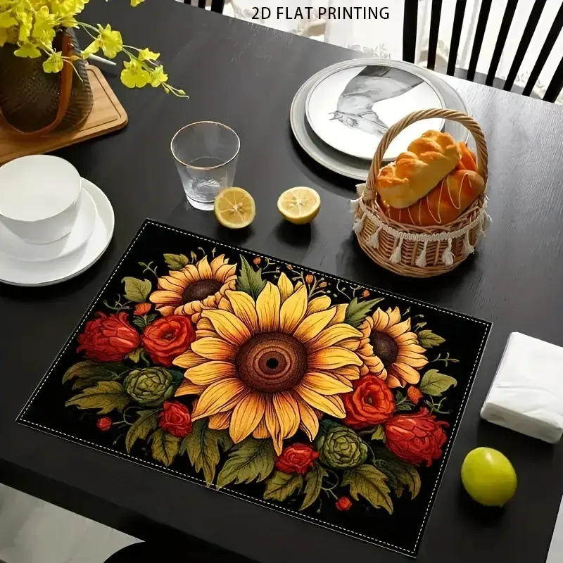 2D flat printing, 2-piece/4-piece 6-piece set, vibrant sunflower design linen set placemat - perfect for kitchen, dining, Dining room, coffee table, home fashion decoration, Living Space