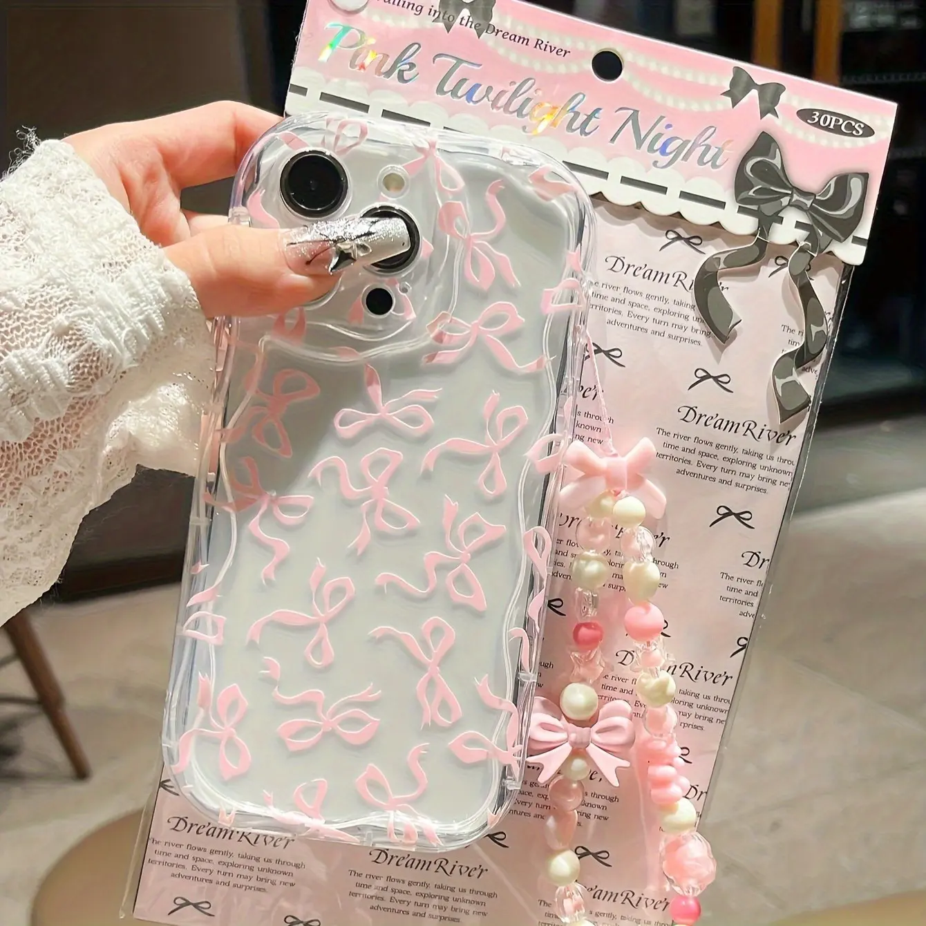 Transparent Water Ripple Shell With Bow Pattern+Pink Hanging Chain Protective Phone Case Shockproof TPU Cover Cellphone For iPhone 17 15 14 Pro Max 16 16E 12 11 Pro 7 8 Plus XR XS X SE Back Cover Accessories