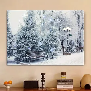 1 Piece 2D Flat Print Suitable for Halloween Framing Christmas Winter Scene Canvas Wall Art - Snow Scene Park with Benches and Trees, Wooden Frame for Holiday Home Decoration, Holiday Home Ornament| Quiet Winter Scene| Wooden Frame Art, Christmas Decorati