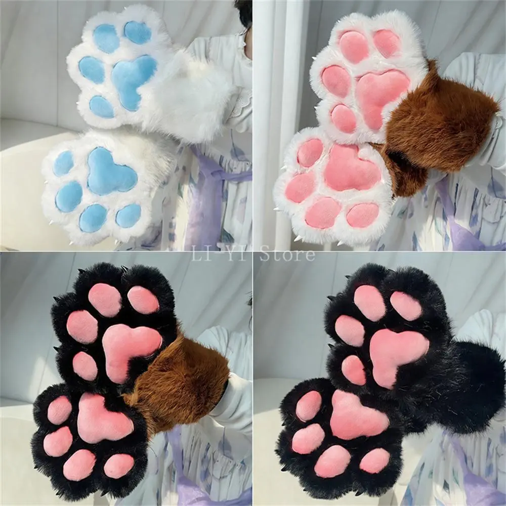Kawaii Fursuit Cat Paw Gloves with Squeaker, Plush Furry Animal Paw Mittens with Resin Claws for Cosplay & Stage Performance