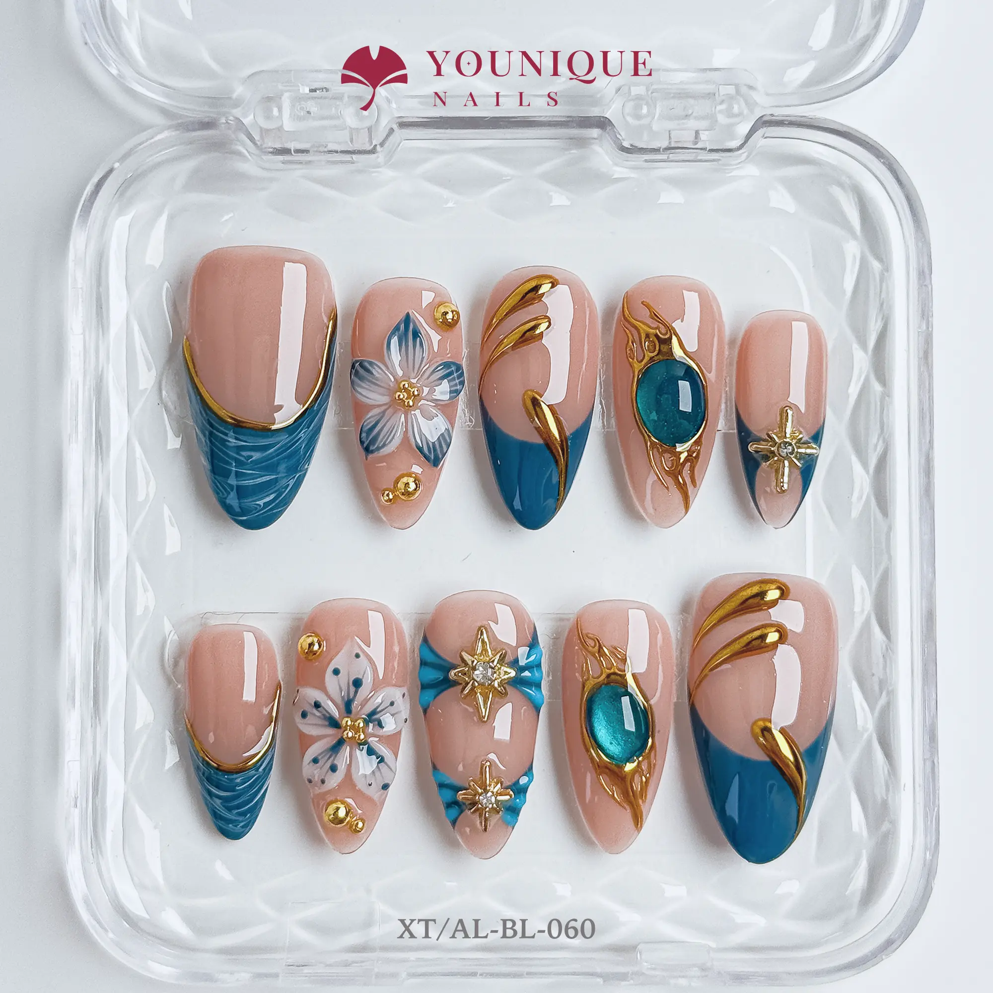 Younique Nails 3D Floral Press-On Nails Collection 10PCS Handmade Reusable Glossy Design with Flowers & Gold Accents RY/AL-PK-028 Long-Lasting Luxury Pearls Rhinestones