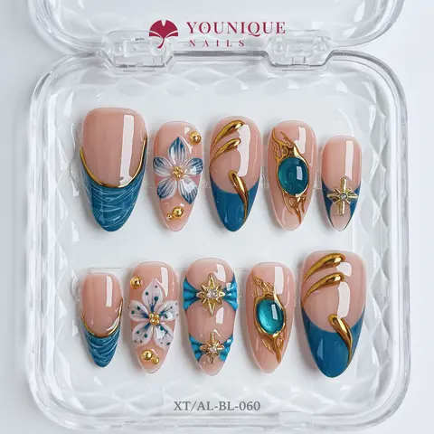 Younique Nails ALMOND BLOSSOM COLLECTION Handmade Reusable Acrylic Luxury Fake Press On Press-On Salon Quality Set Week Wear FRENCH False Kit Glossy Tip Shape Sea Blue Floral Detail Baby Pink Soft Base Nude Design Rhinestone Jewel Mixed Multi Pearl